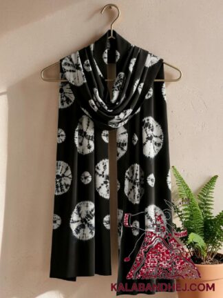 Black Artisanal Shibori Bandhej Stole in Luxurious Pure Modal Silk