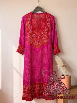 Bright Red Pink Bandhani Abha Kurta in Pure Gaji Silk Traditional Neck Yoke