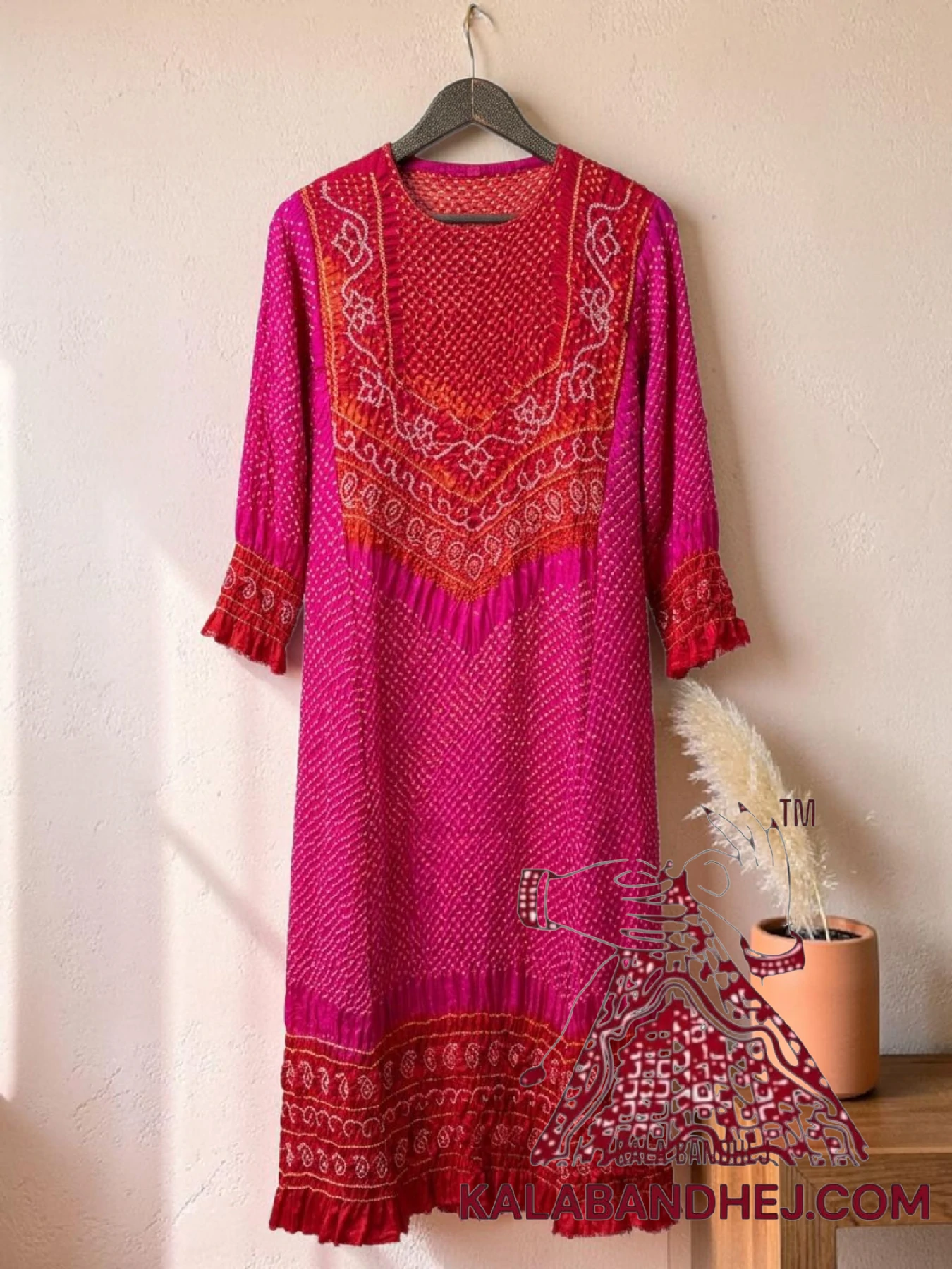 Bright Red Pink Bandhani Abha Kurta in Pure Gaji Silk Traditional Neck Yoke