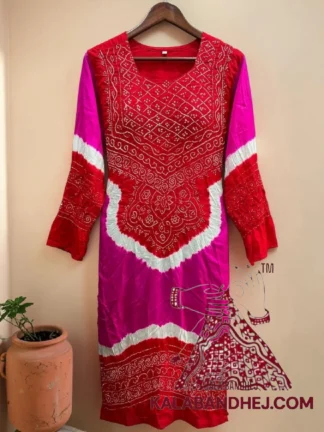 Blood Red Rani Bandhani Abha Kurta in Pure Gaji Silk Traditional Neck Yoke