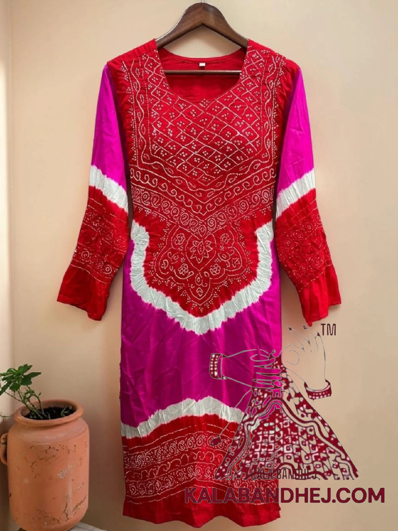 Blood Red Rani Bandhani Abha Kurta in Pure Gaji Silk Traditional Neck Yoke