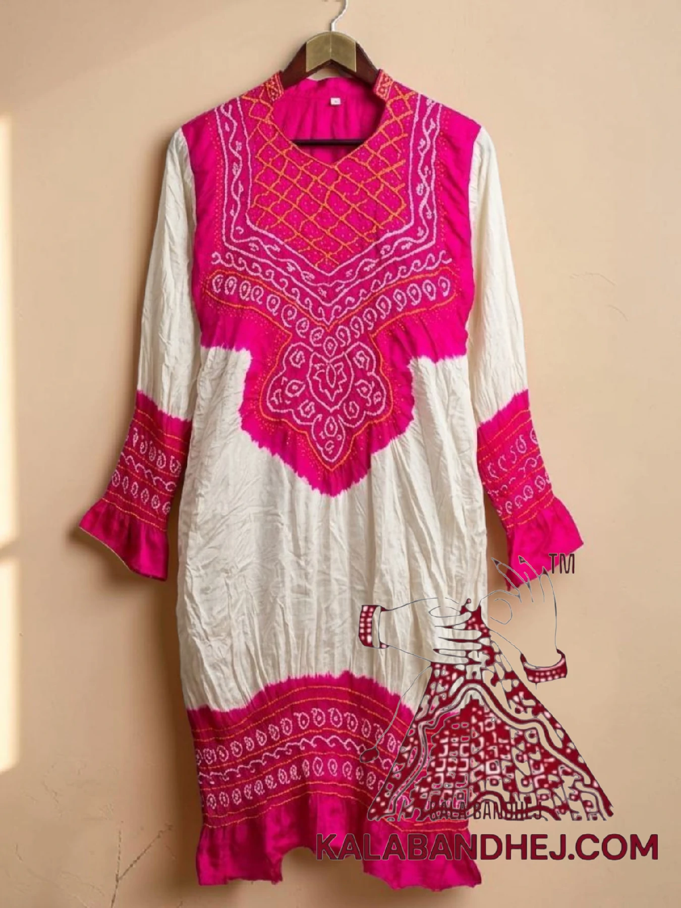 Rani Pink White Bandhani Abha Kurta in Pure Gaji Silk Traditional Neck Yoke