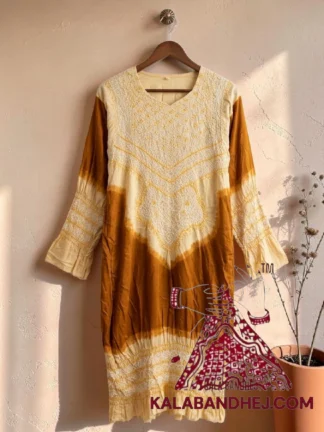 Creame Ivory Warm Amber Bandhani Abha Kurta in Pure Gaji Silk Traditional Neck Yoke