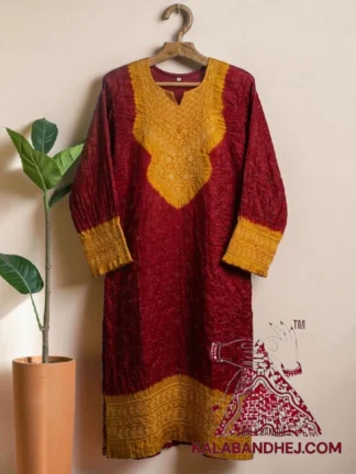 Mustard Yellow Ruby Marron Bandhani Abha Kurta in Pure Gaji Silk Traditional Neck Yoke