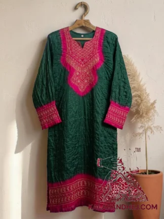 Rani Pink Green Bandhani Abha Kurta in Pure Gaji Silk Traditional Neck Yoke