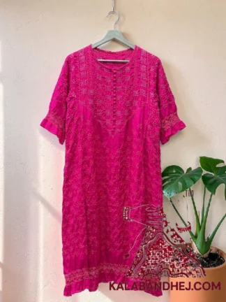 Pink Bandhani Abha Kurta in Pure Gaji Silk Traditional Neck Yoke
