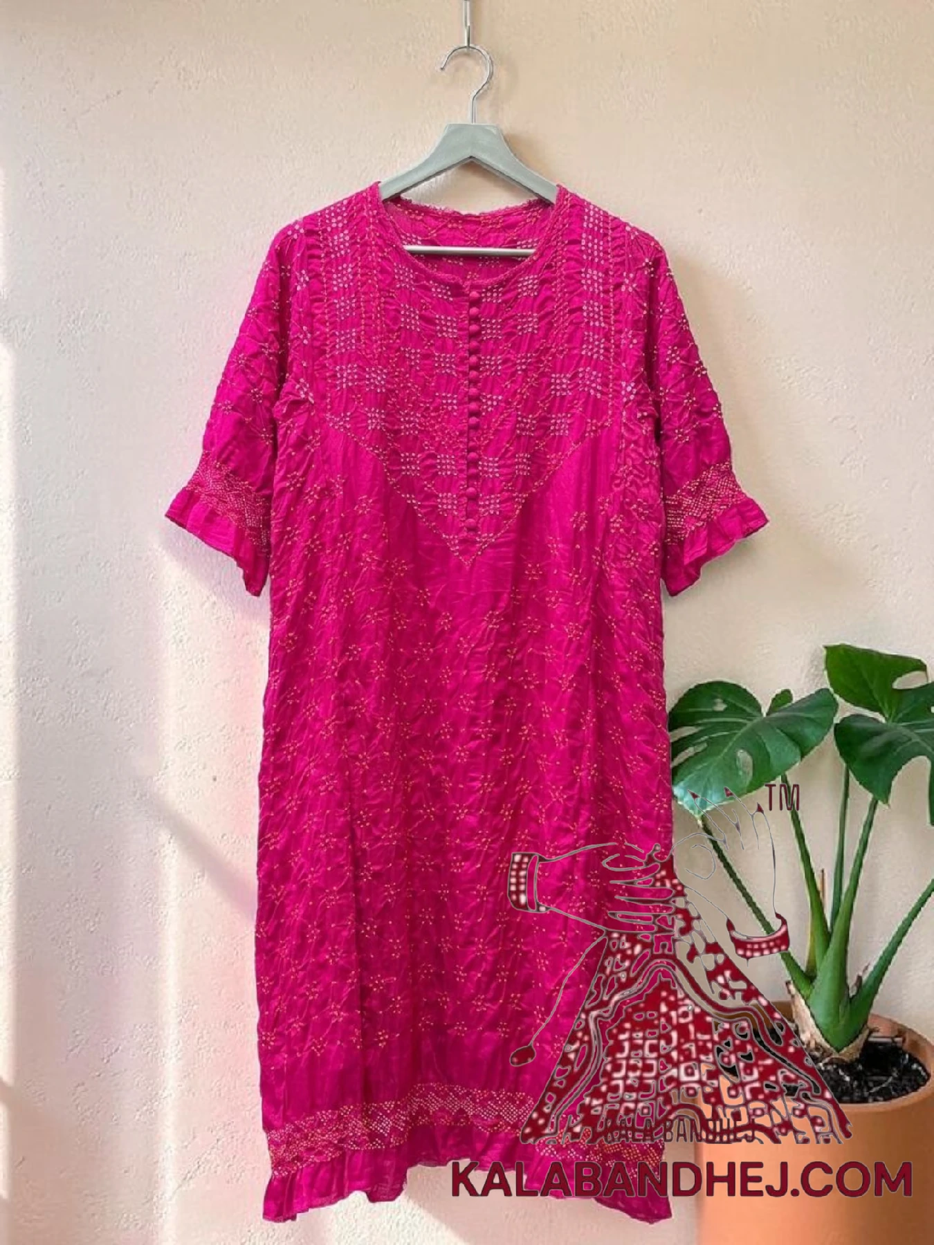 Pink Bandhani Abha Kurta in Pure Gaji Silk Traditional Neck Yoke