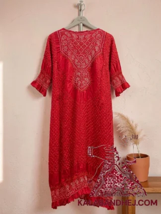 Bright Red Bandhani Abha Kurta in Pure Gaji Silk Traditional Neck Yoke