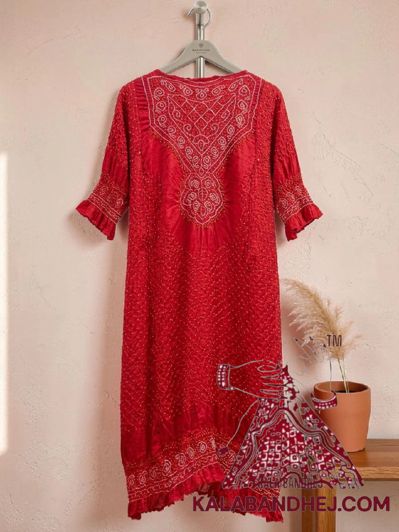 Bright Red Bandhani Abha Kurta in Pure Gaji Silk Traditional Neck Yoke