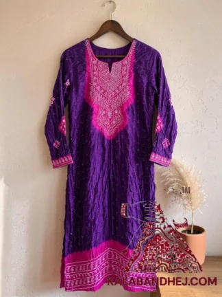 Pink Purple Bandhani Abha Kurta in Pure Gaji Silk Traditional Neck Yoke
