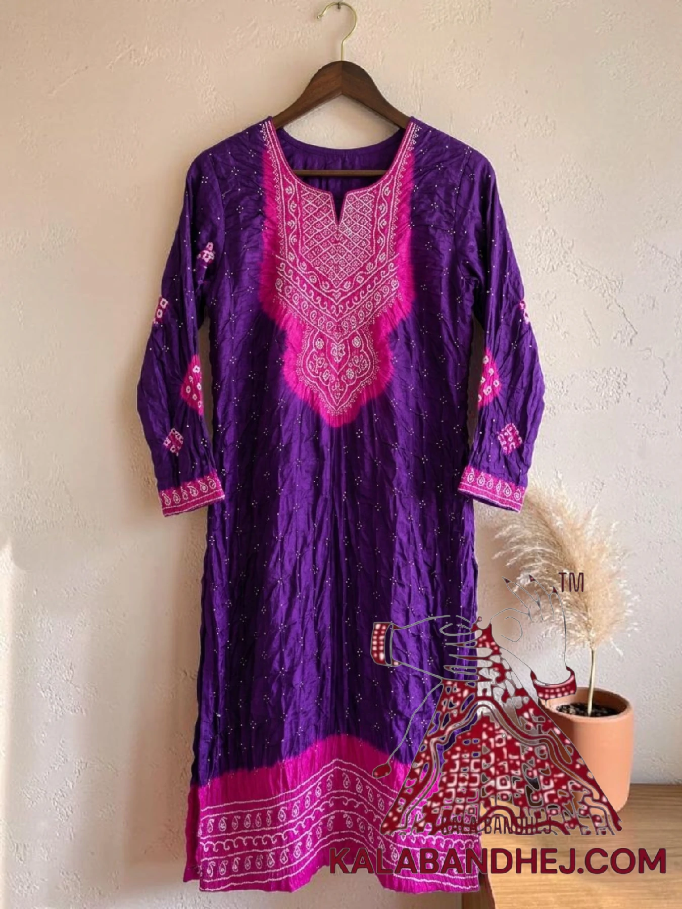 Pink Purple Bandhani Abha Kurta in Pure Gaji Silk Traditional Neck Yoke
