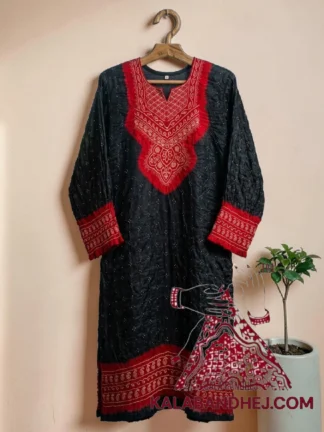 Red Black Bandhani Abha Kurta in Pure Gaji Silk Traditional Neck Yoke
