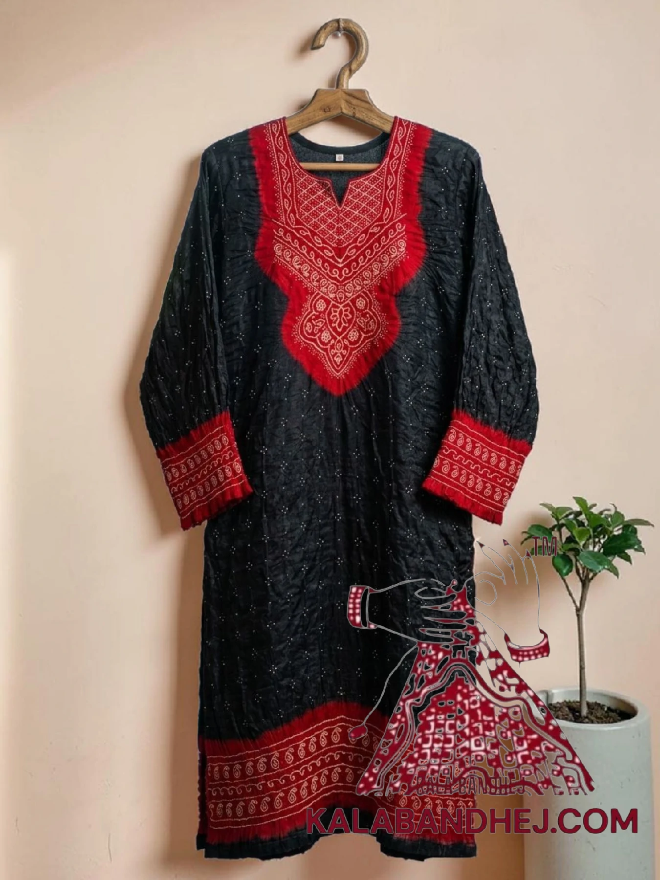 Red Black Bandhani Abha Kurta in Pure Gaji Silk Traditional Neck Yoke