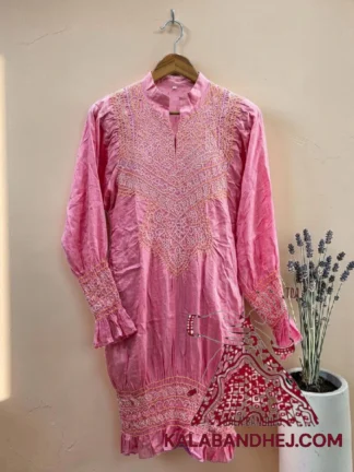 Baby Pink Bandhani Abha Kurta in Pure Gaji Silk Traditional Neck Yoke