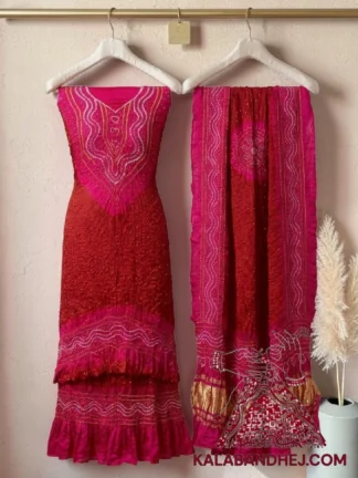 Pink Red Bandhani Abha 3-Piece Pure Gaji Silk Suit Set