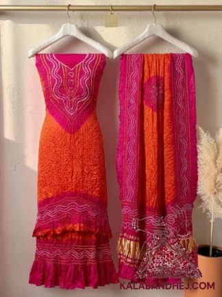 Pink Orange Bandhani Abha 3-Piece Pure Gaji Silk Suit Set