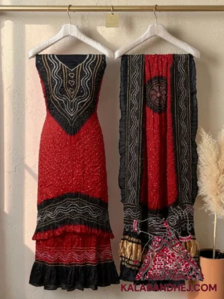 Black Red Bandhani Abha 3-Piece Pure Gaji Silk Suit Set