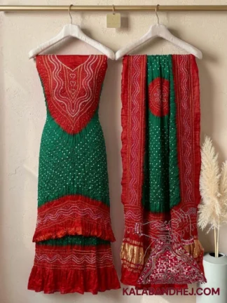 Red Green Bandhani Abha 3-Piece Pure Gaji Silk Suit Set