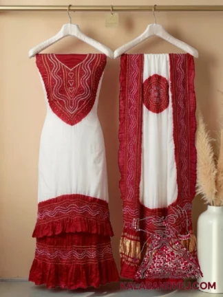 Red White Panetar Bandhani Abha 3-Piece Pure Gaji Silk Suit Set