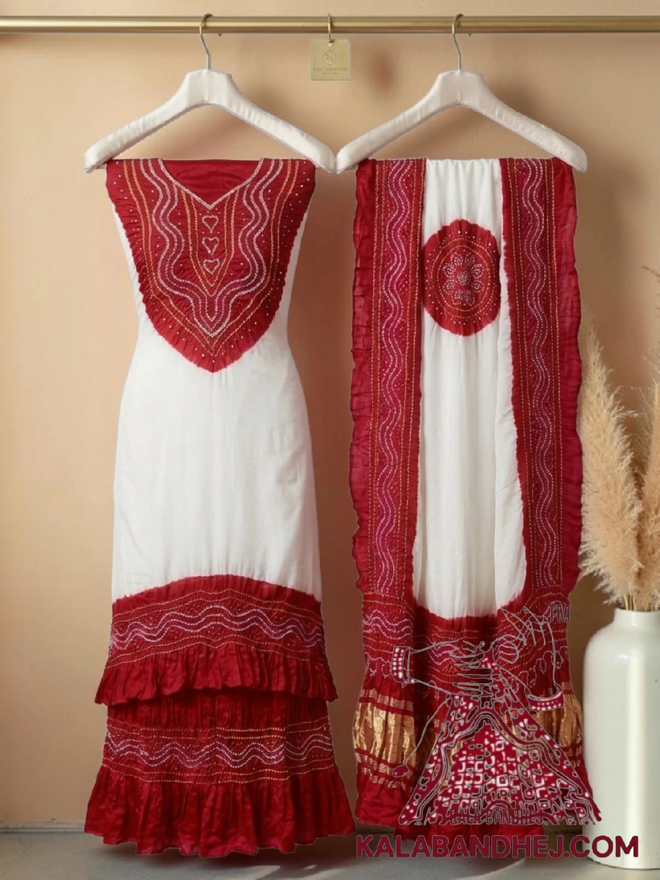 Red White Panetar Bandhani Abha 3-Piece Pure Gaji Silk Suit Set