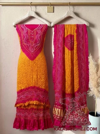 Pink Golden Bandhani Abha 3-Piece Pure Gaji Silk Suit Set