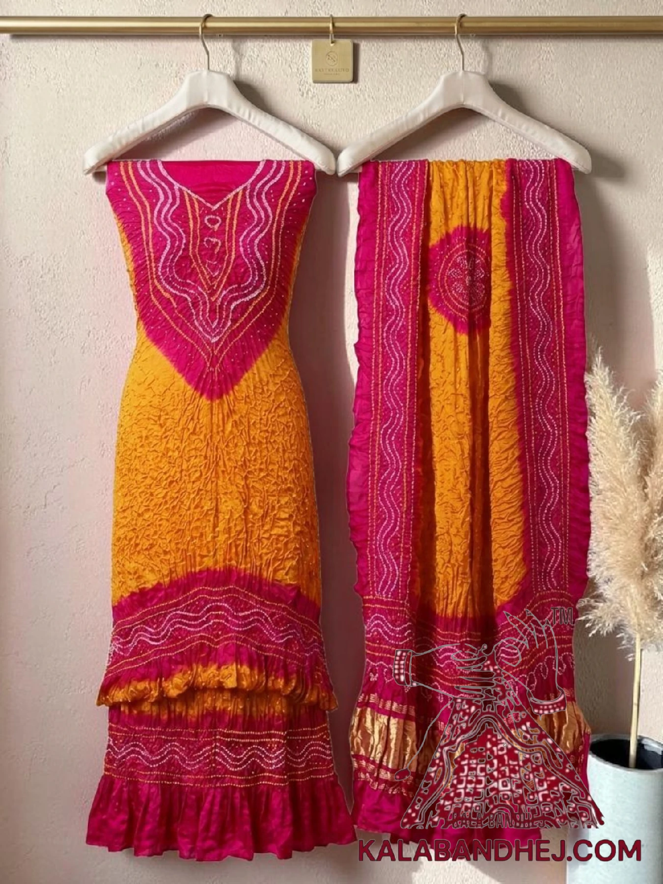 Pink Golden Bandhani Abha 3-Piece Pure Gaji Silk Suit Set