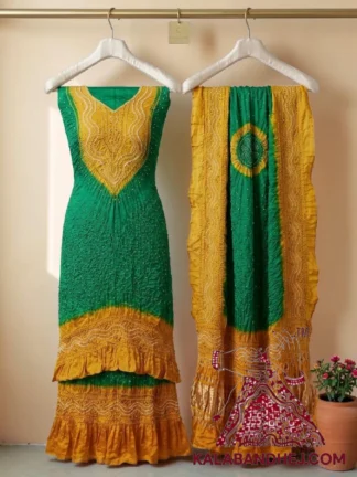 Mastard Bright Green Bandhani Abha 3-Piece Pure Gaji Silk Suit Set