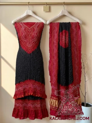 Red Black Bandhani Abha 3-Piece Pure Gaji Silk Suit Set