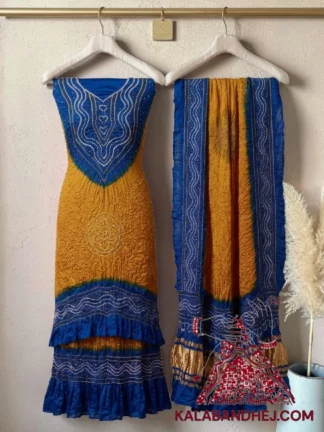 Blue Mastard Bandhani Abha 3-Piece Pure Gaji Silk Suit Set