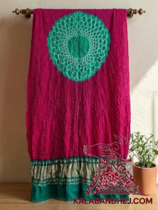 Rama Green Rani Pink Makdi Motif Bandhani Dupatta Pure Gaji Silk
