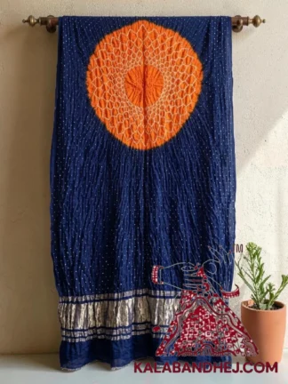 Orange Navy Blue Makdi Motif Bandhani Dupatta Pure Gaji Silk