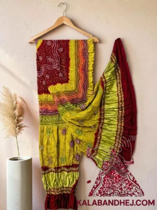 Maroon Chartreuse Multi Color Bandhani Dupatta Pure Gaji Silk