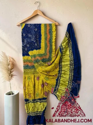 Blue Chartreuse Multi Color Bandhani Dupatta Pure Gaji Silk