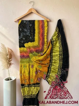 Black Chartreuse Multi Color Bandhani Dupatta Pure Gaji Silk