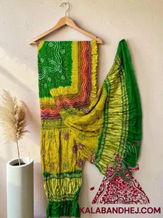 Parrot Chartreuse Multi Color Bandhani Dupatta Pure Gaji Silk