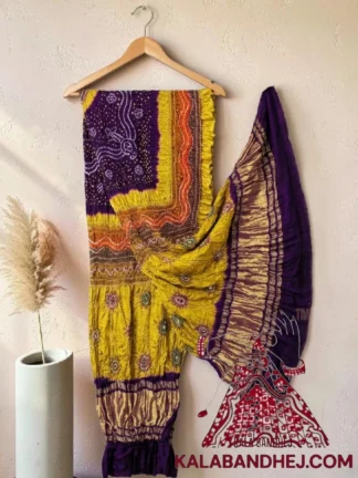 Purple Chartreuse Multi Color Bandhani Dupatta Pure Gaji Silk