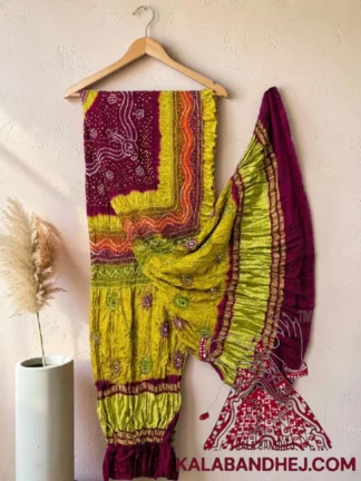 Wine Chartreuse Multi Color Bandhani Dupatta Pure Gaji Silk
