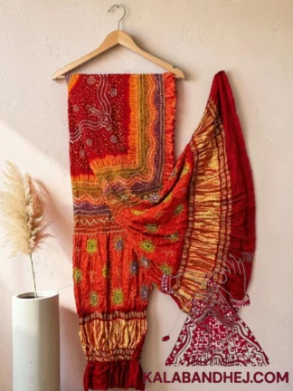 Red Orangious Multi Color Bandhani Dupatta Pure Gaji Silk