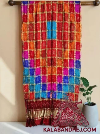 Bold Red Multi Color Bandhani Gharchola Dupatta in Pure Gaji Silk Special Edition