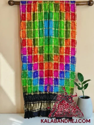 Black Multi Color Bandhani Gharchola Dupatta in Pure Gaji Silk