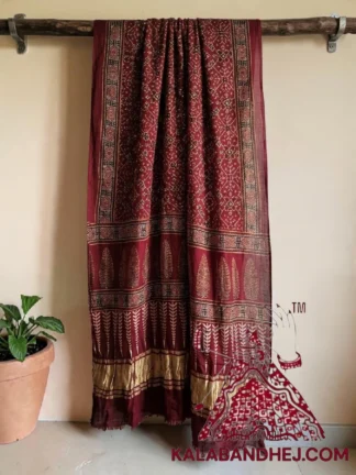 Maroon Geometric and Tree Motif Ajrakh Handblock Dupatta in Pure Modal Silk