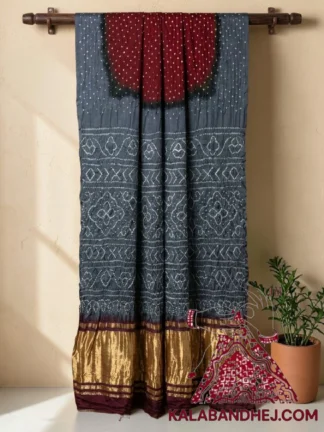 Slate Grey Maroon Lagdi Palav Bandhani Saree in Pure Gaji Silk