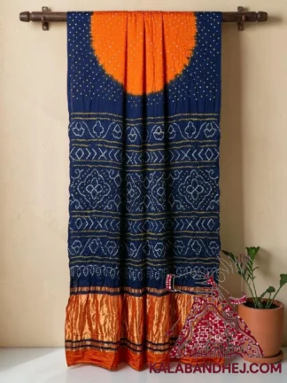 Navy Blue Orange Lagdi Palav Bandhani Saree in Pure Gaji Silk