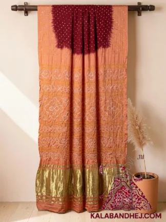 Peach Maroon Lagdi Palav Bandhani Saree in Pure Gaji Silk