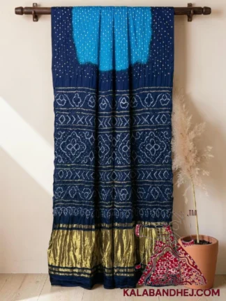 Navy Blue Sky Lagdi Palav Bandhani Saree in Pure Gaji Silk