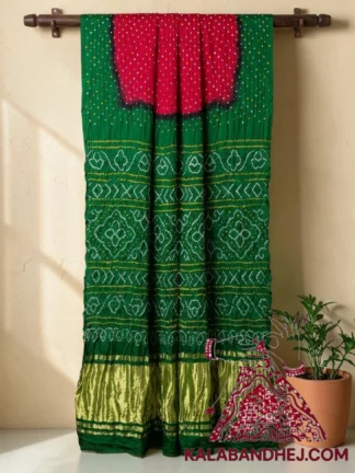 Green Red Lagdi Palav Bandhani Saree in Pure Gaji Silk