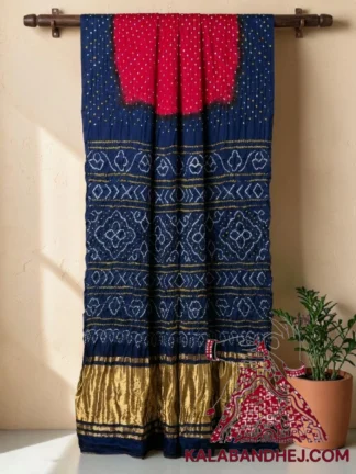 Navy Blue Red Lagdi Palav Bandhani Saree in Pure Gaji Silk