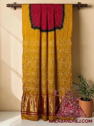 Mustard Yellow Maroon Lagdi Palav Bandhani Saree in Pure Gaji Silk