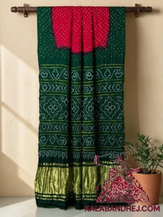 Bottle Green Blood Red Lagdi Palav Bandhani Saree in Pure Gaji Silk