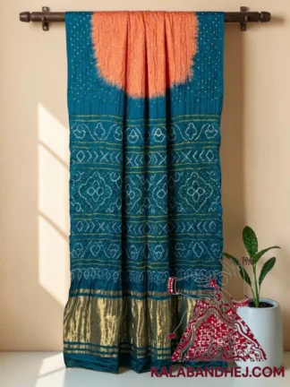 Peaocock Blue Peach Lagdi Palav Bandhani Saree in Pure Gaji Silk